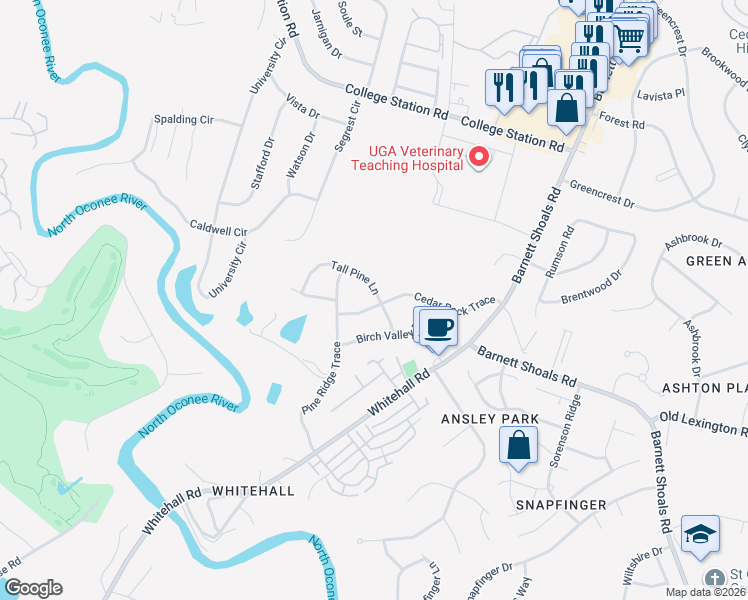 map of restaurants, bars, coffee shops, grocery stores, and more near 172 Tall Pine Lane in Athens