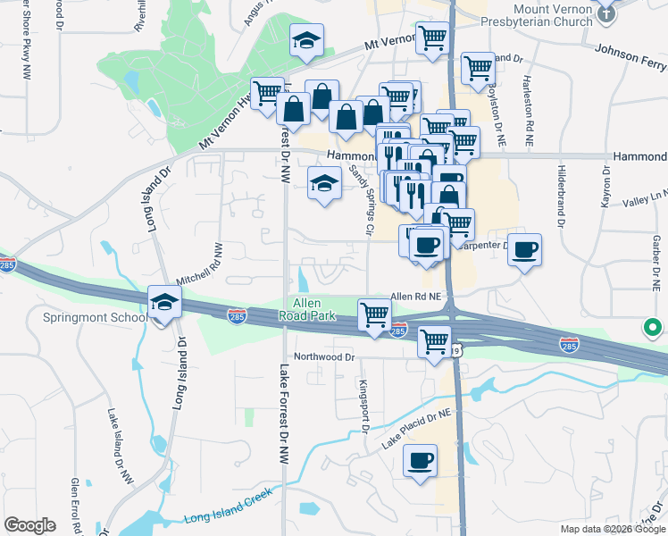 map of restaurants, bars, coffee shops, grocery stores, and more near 5850 Lake Allen Lane in Sandy Springs