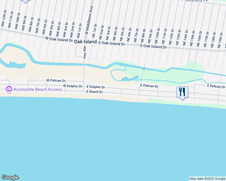 map of restaurants, bars, coffee shops, grocery stores, and more near 318 East Beach Drive in Oak Island