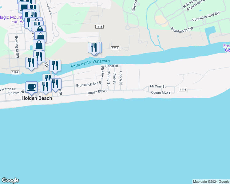 map of restaurants, bars, coffee shops, grocery stores, and more near 194 Ocean Boulevard East in Supply