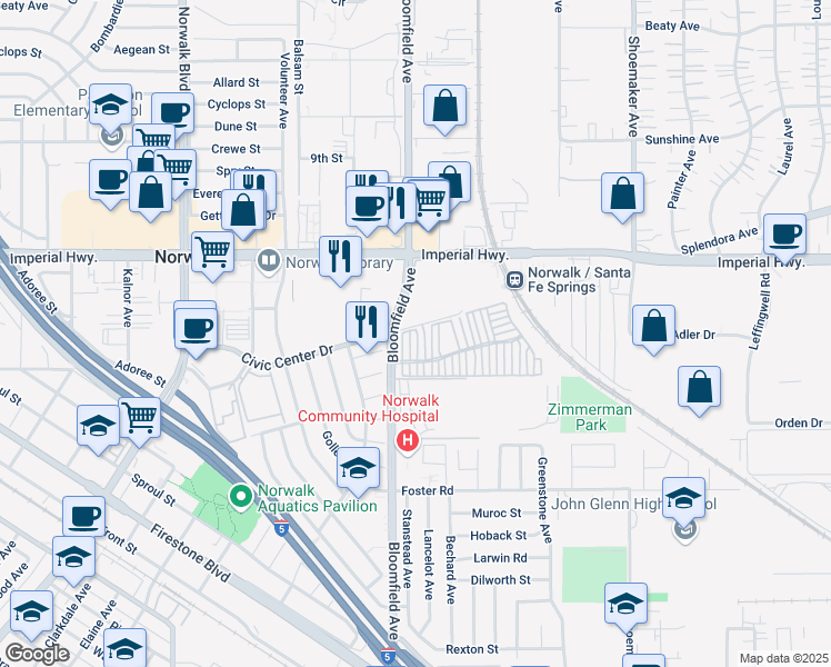 map of restaurants, bars, coffee shops, grocery stores, and more near 12805 Barranca Lane in Norwalk