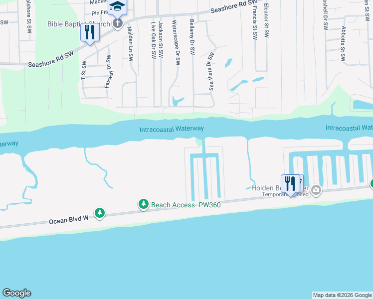 map of restaurants, bars, coffee shops, grocery stores, and more near 158 SandDollar Drive in Holden Beach