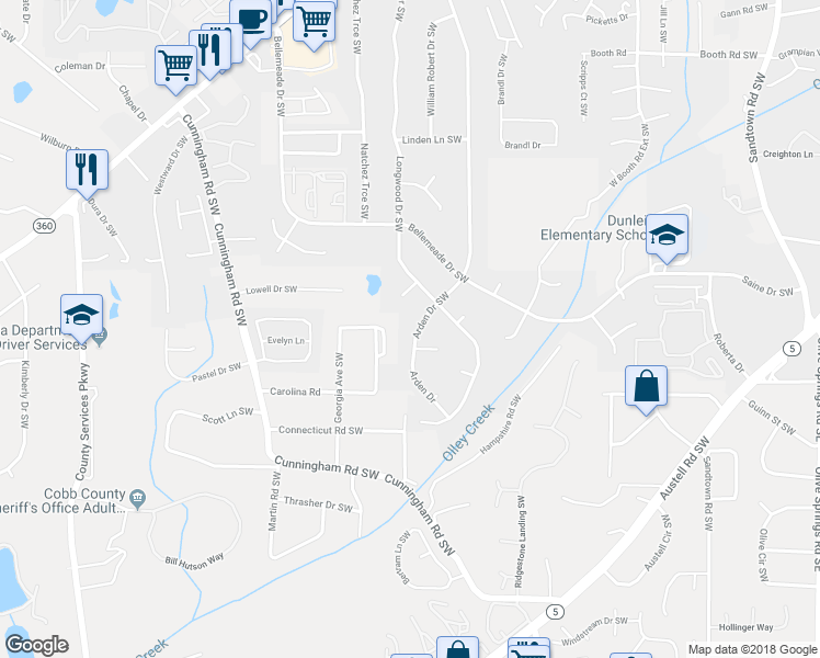 map of restaurants, bars, coffee shops, grocery stores, and more near 1590 Arden Drive Southwest in Marietta