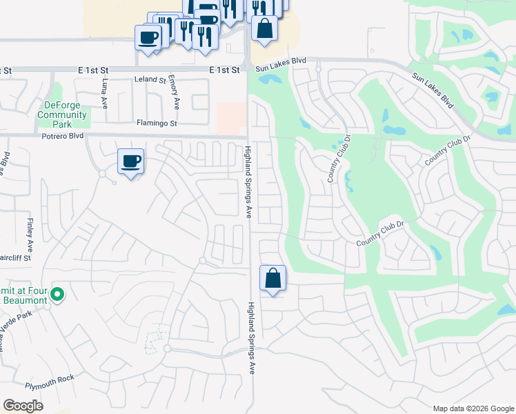 map of restaurants, bars, coffee shops, grocery stores, and more near 6376 Spyglass Avenue in Banning