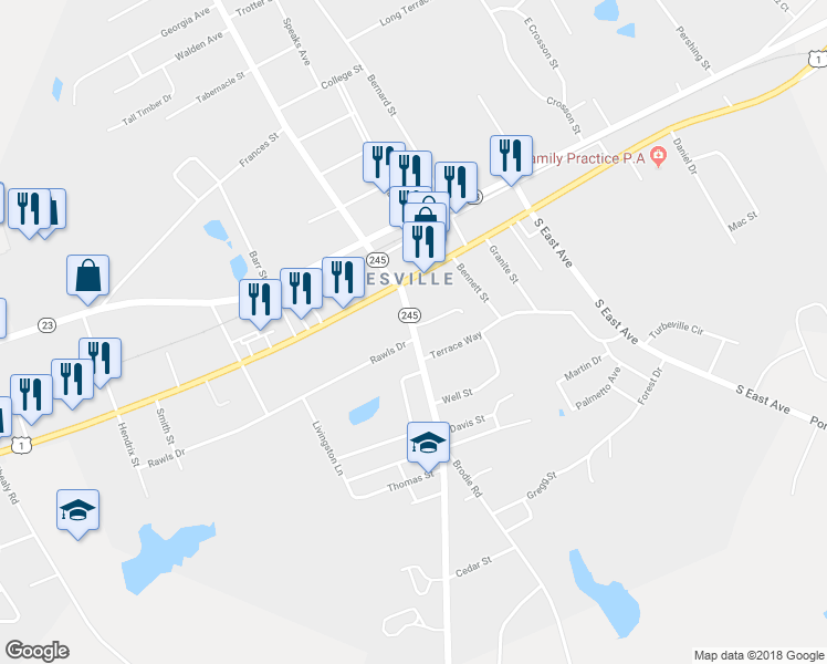 map of restaurants, bars, coffee shops, grocery stores, and more near Rte 245 in Batesburg-Leesville
