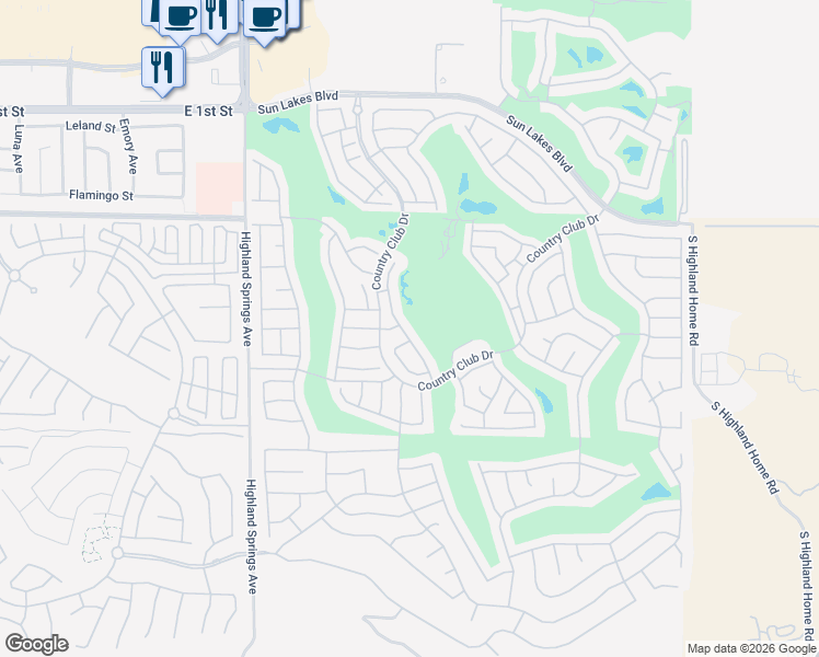 map of restaurants, bars, coffee shops, grocery stores, and more near 1200 Laguna Seca Court in Banning