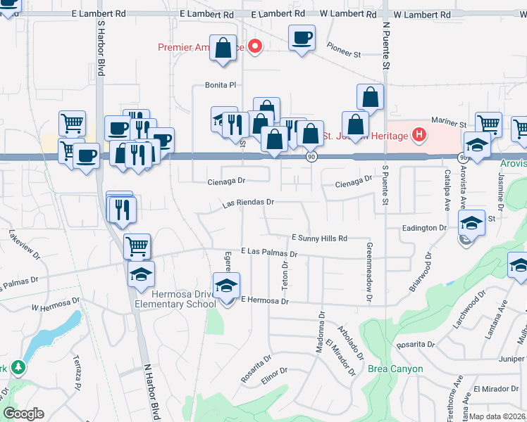 map of restaurants, bars, coffee shops, grocery stores, and more near 3513 Twilight Drive in Fullerton