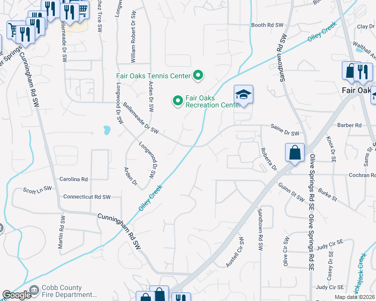 map of restaurants, bars, coffee shops, grocery stores, and more near 360 Bellemeade Drive Southwest in Marietta