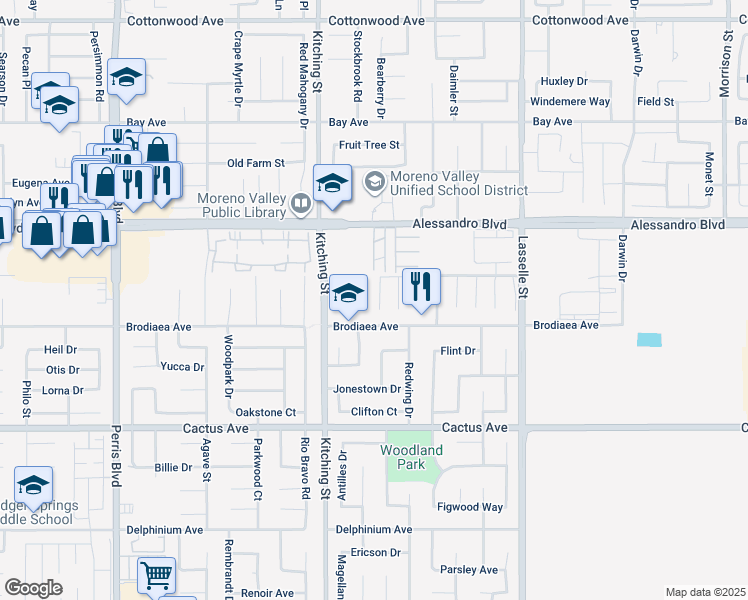 map of restaurants, bars, coffee shops, grocery stores, and more near 14185 Cypress Sands Lane in Moreno Valley