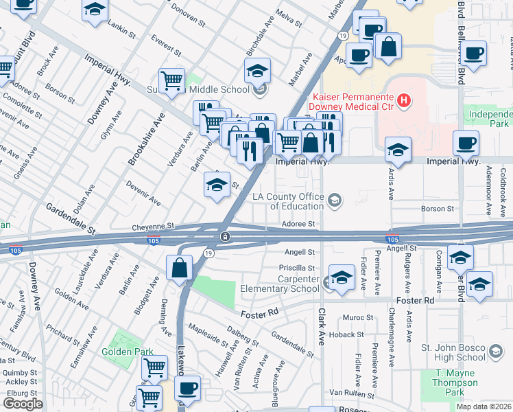 map of restaurants, bars, coffee shops, grocery stores, and more near 12702 Vultee Avenue in Downey