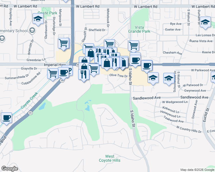 map of restaurants, bars, coffee shops, grocery stores, and more near 1420 Pine Tree Court in La Habra