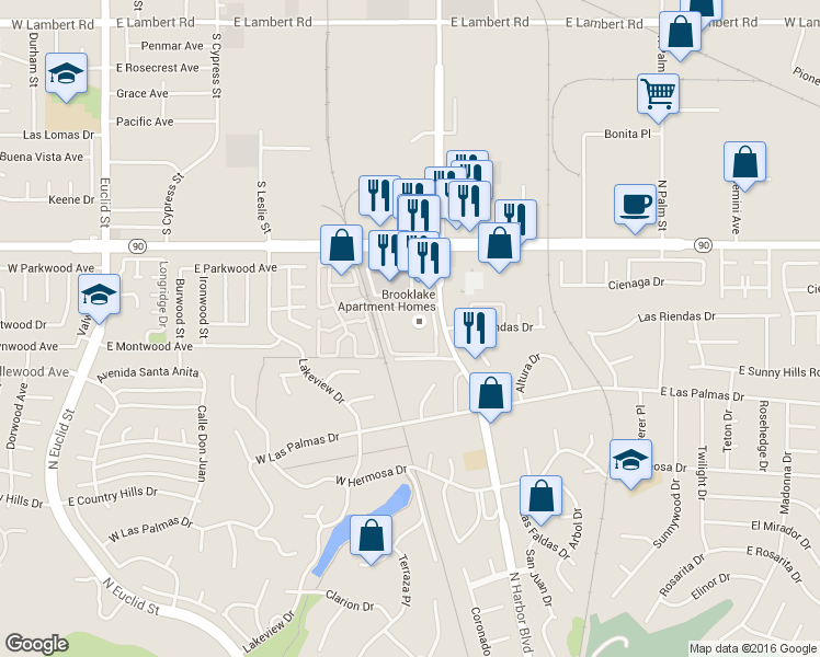 map of restaurants, bars, coffee shops, grocery stores, and more near 1301 S Harbor Blvd in La Habra