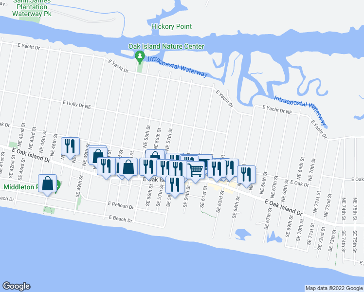 map of restaurants, bars, coffee shops, grocery stores, and more near 212 Northeast 58th Street in Oak Island