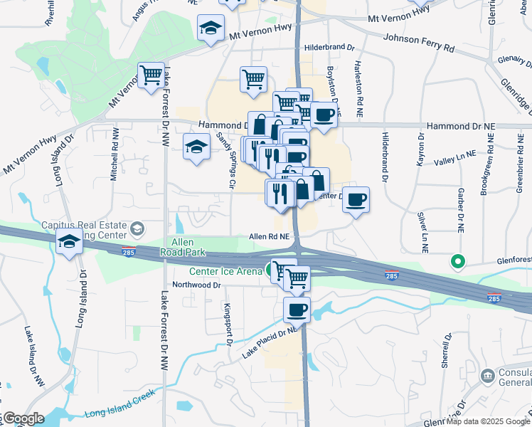map of restaurants, bars, coffee shops, grocery stores, and more near 180 Allen Road Northeast in Atlanta