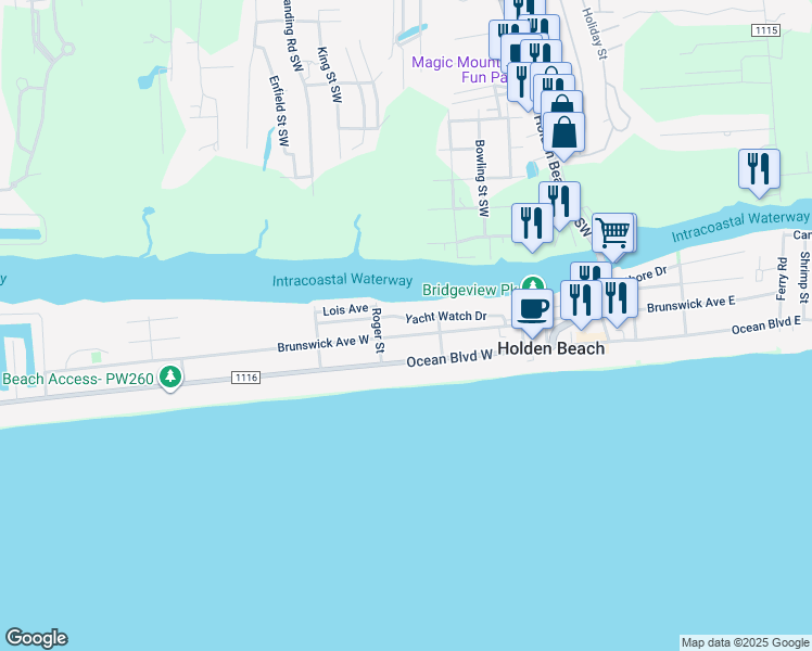 map of restaurants, bars, coffee shops, grocery stores, and more near 191 Yacht Watch Drive in Holden Beach