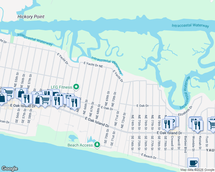 map of restaurants, bars, coffee shops, grocery stores, and more near 239 Northeast 69th Street in Oak Island