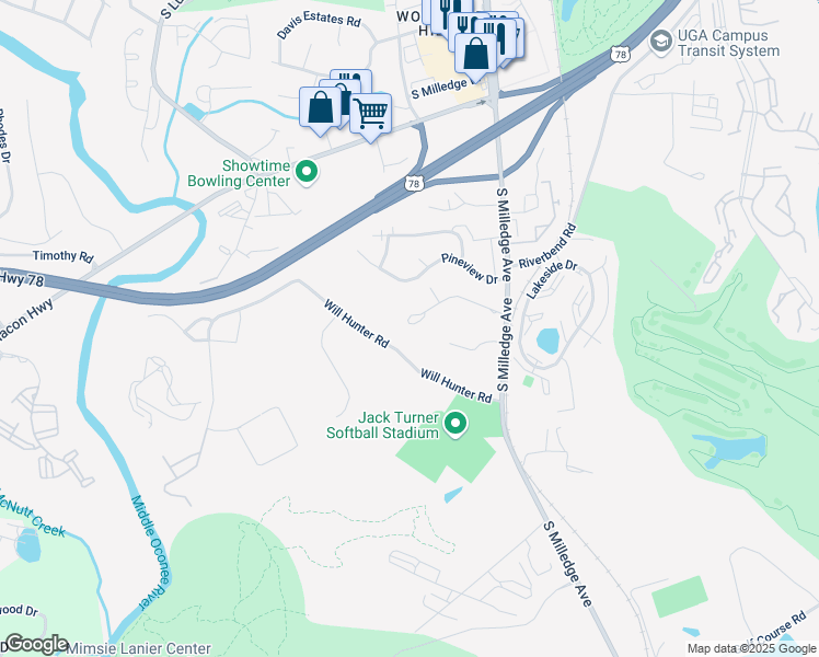 map of restaurants, bars, coffee shops, grocery stores, and more near 825 Venita Drive in Athens