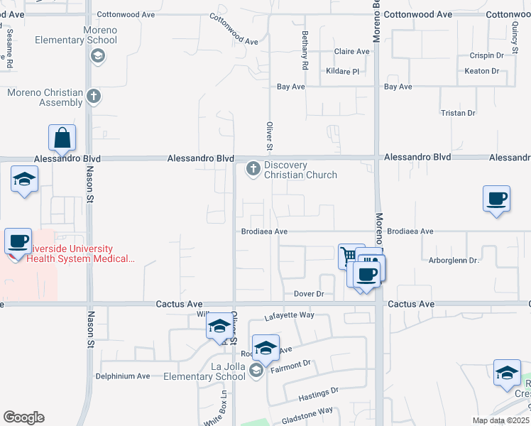 map of restaurants, bars, coffee shops, grocery stores, and more near Astra Street in Moreno Valley