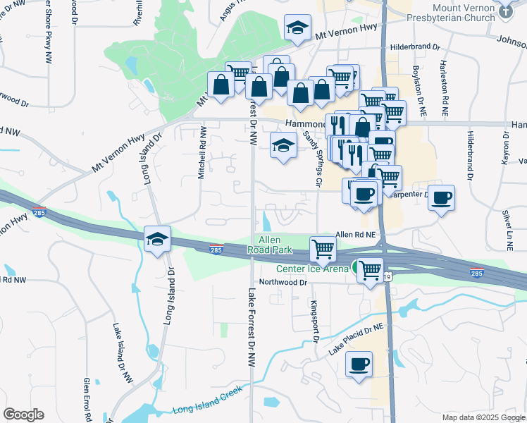 map of restaurants, bars, coffee shops, grocery stores, and more near 2071 Wheaton Way in Sandy Springs