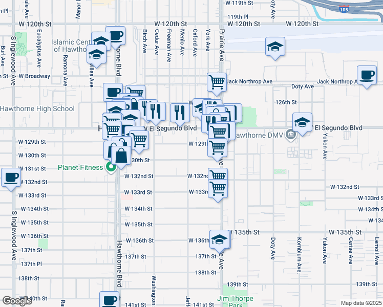 map of restaurants, bars, coffee shops, grocery stores, and more near 12938 Jefferson Avenue in Hawthorne