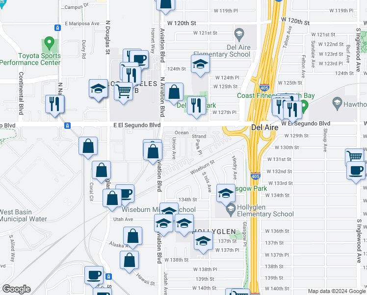 map of restaurants, bars, coffee shops, grocery stores, and more near 13021 Central Avenue in Hawthorne