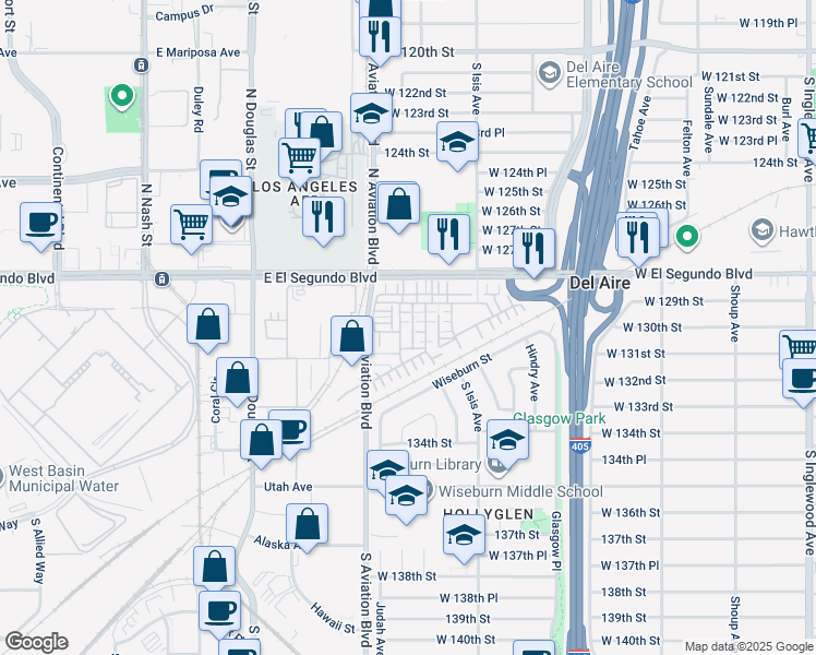 map of restaurants, bars, coffee shops, grocery stores, and more near 13024 Union Avenue in El Segundo