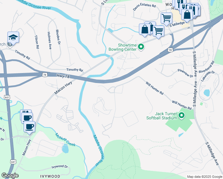 map of restaurants, bars, coffee shops, grocery stores, and more near 155 Betsy Lane in Athens