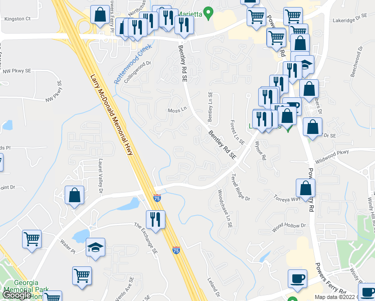 map of restaurants, bars, coffee shops, grocery stores, and more near 1627 Bridge Mill Drive in Marietta