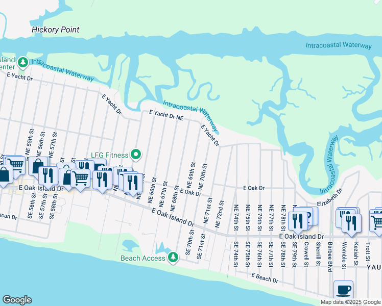 map of restaurants, bars, coffee shops, grocery stores, and more near 235 Northeast 69th Street in Oak Island