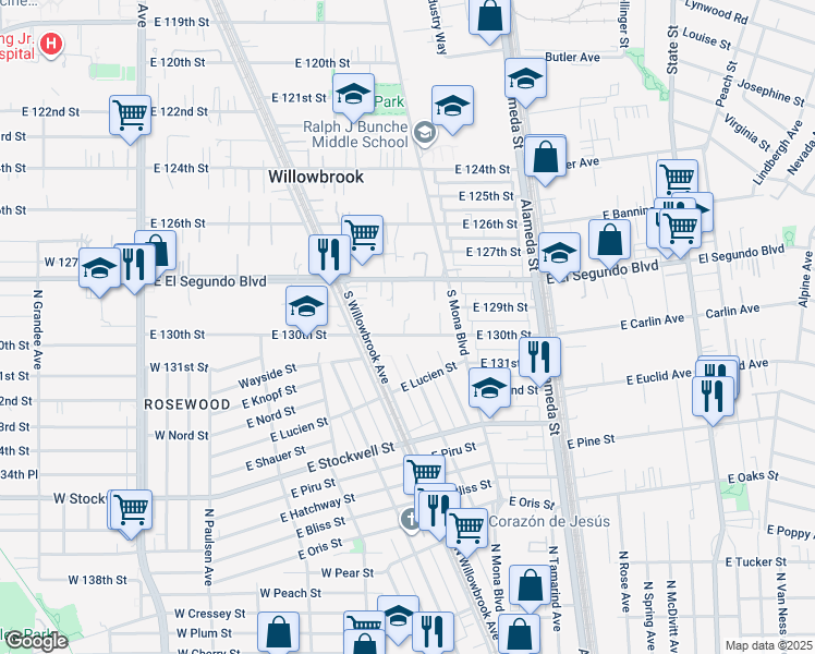 map of restaurants, bars, coffee shops, grocery stores, and more near 2345 East 130th Street in Compton