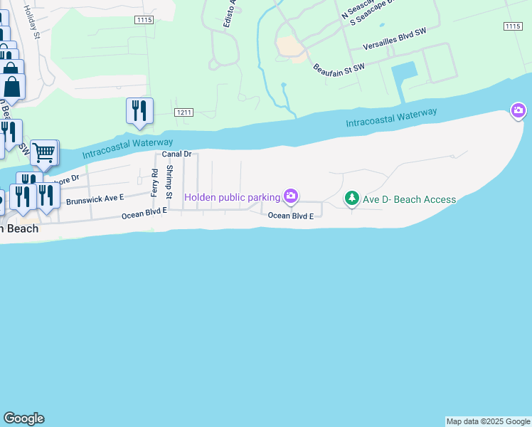 map of restaurants, bars, coffee shops, grocery stores, and more near 253 Ocean Boulevard East in Holden Beach
