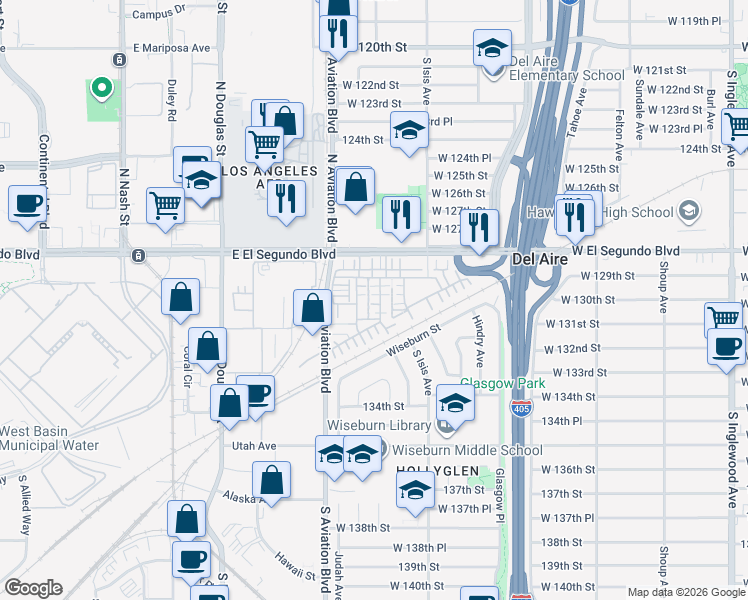 map of restaurants, bars, coffee shops, grocery stores, and more near 13021 Central Avenue in Hawthorne