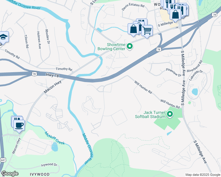 map of restaurants, bars, coffee shops, grocery stores, and more near 3001-3079 Will Hunter Road in Athens