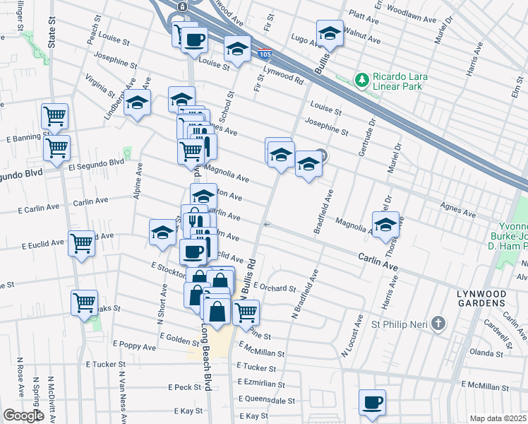 map of restaurants, bars, coffee shops, grocery stores, and more near 3604 Burton Avenue in Lynwood