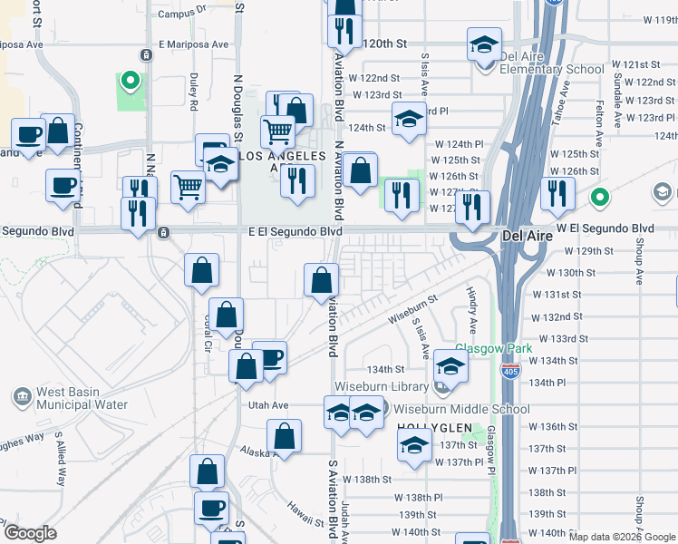 map of restaurants, bars, coffee shops, grocery stores, and more near 12913 Mission Avenue in Hawthorne