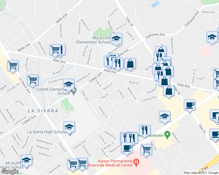 map of restaurants, bars, coffee shops, grocery stores, and more near 10652 Burton Street in Riverside