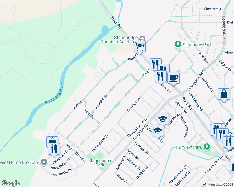 map of restaurants, bars, coffee shops, grocery stores, and more near 4931 Roundup Road in Norco