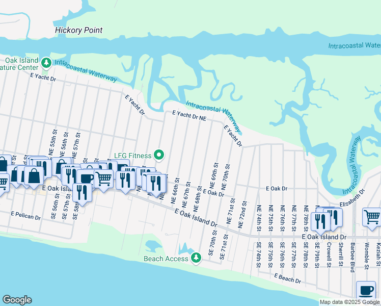 map of restaurants, bars, coffee shops, grocery stores, and more near 229 Northeast 67th Street in Oak Island