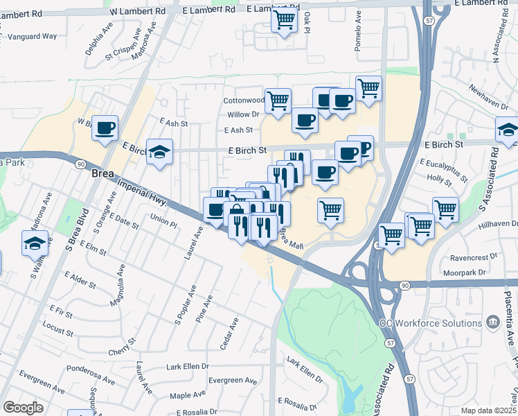 map of restaurants, bars, coffee shops, grocery stores, and more near 259 South Randolph Avenue in Brea