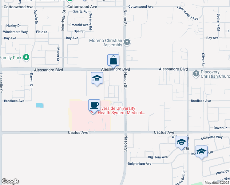 map of restaurants, bars, coffee shops, grocery stores, and more near 26871 Alessandro Boulevard in Moreno Valley