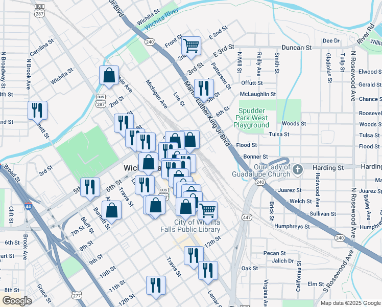 map of restaurants, bars, coffee shops, grocery stores, and more near 530 7th Street in Wichita Falls