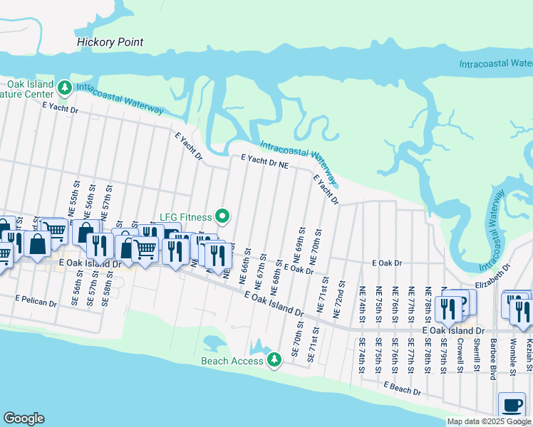 map of restaurants, bars, coffee shops, grocery stores, and more near 229 Northeast 67th Street in Oak Island