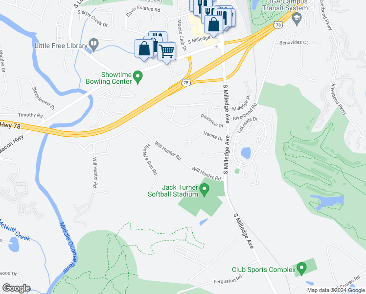 map of restaurants, bars, coffee shops, grocery stores, and more near 850 Venita Drive in Athens