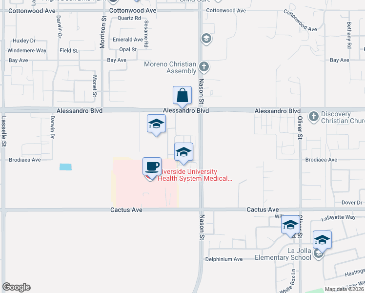 map of restaurants, bars, coffee shops, grocery stores, and more near 26871 Alessandro Boulevard in Moreno Valley