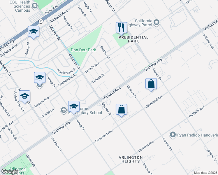 map of restaurants, bars, coffee shops, grocery stores, and more near 8500 Victoria Avenue in Riverside