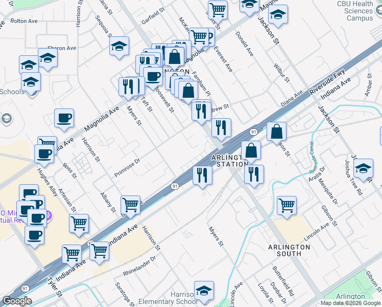 map of restaurants, bars, coffee shops, grocery stores, and more near 9566 Carver Court in Riverside
