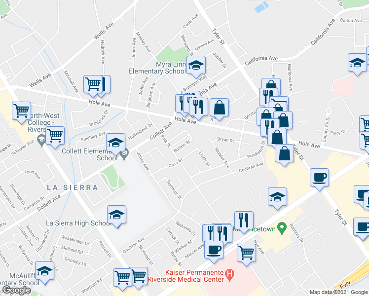 map of restaurants, bars, coffee shops, grocery stores, and more near 10661 Burton Street in Riverside