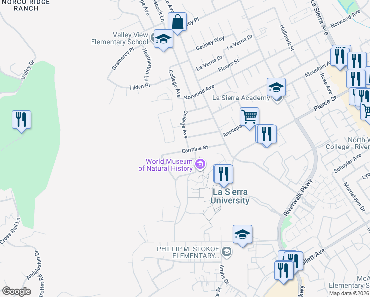 map of restaurants, bars, coffee shops, grocery stores, and more near 4973 Butler Drive in Riverside