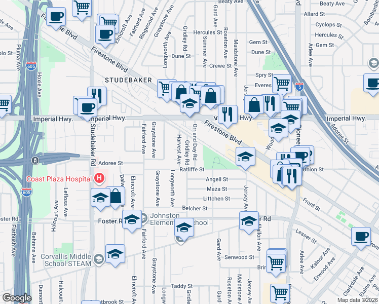 map of restaurants, bars, coffee shops, grocery stores, and more near 12720 Orr and Day Road in Norwalk