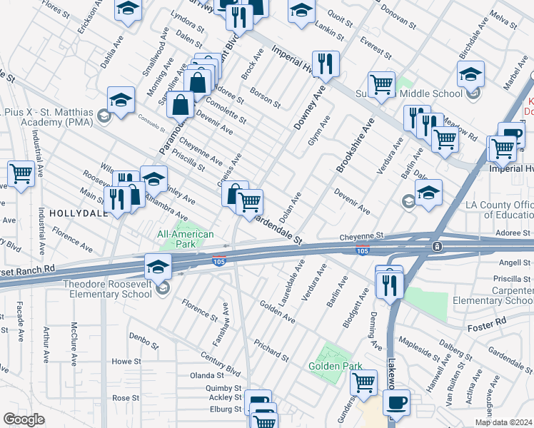 map of restaurants, bars, coffee shops, grocery stores, and more near 8326 Cheyenne Street in Downey